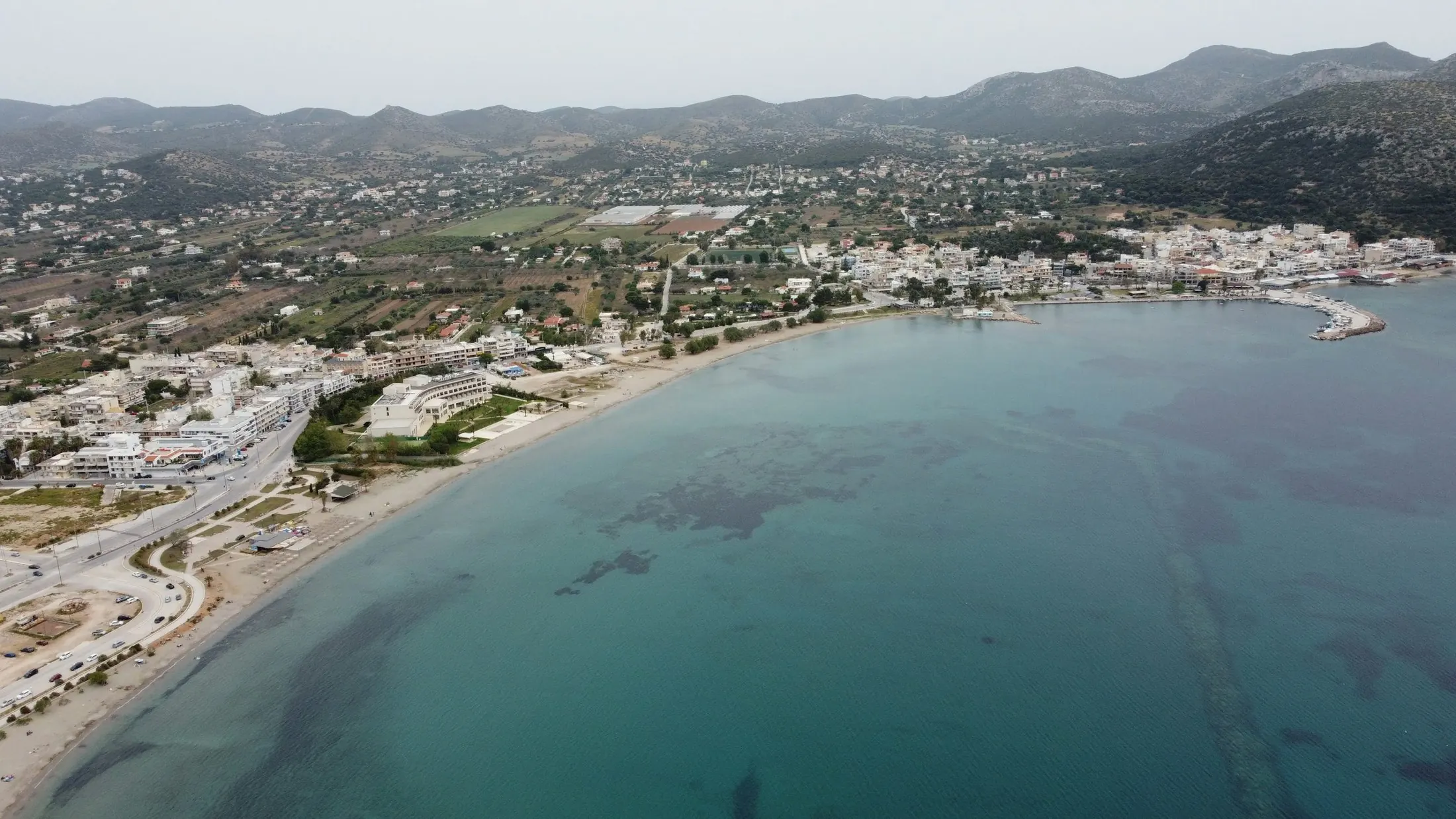 An aerial view of a Greek coastline along the Athens Riviera