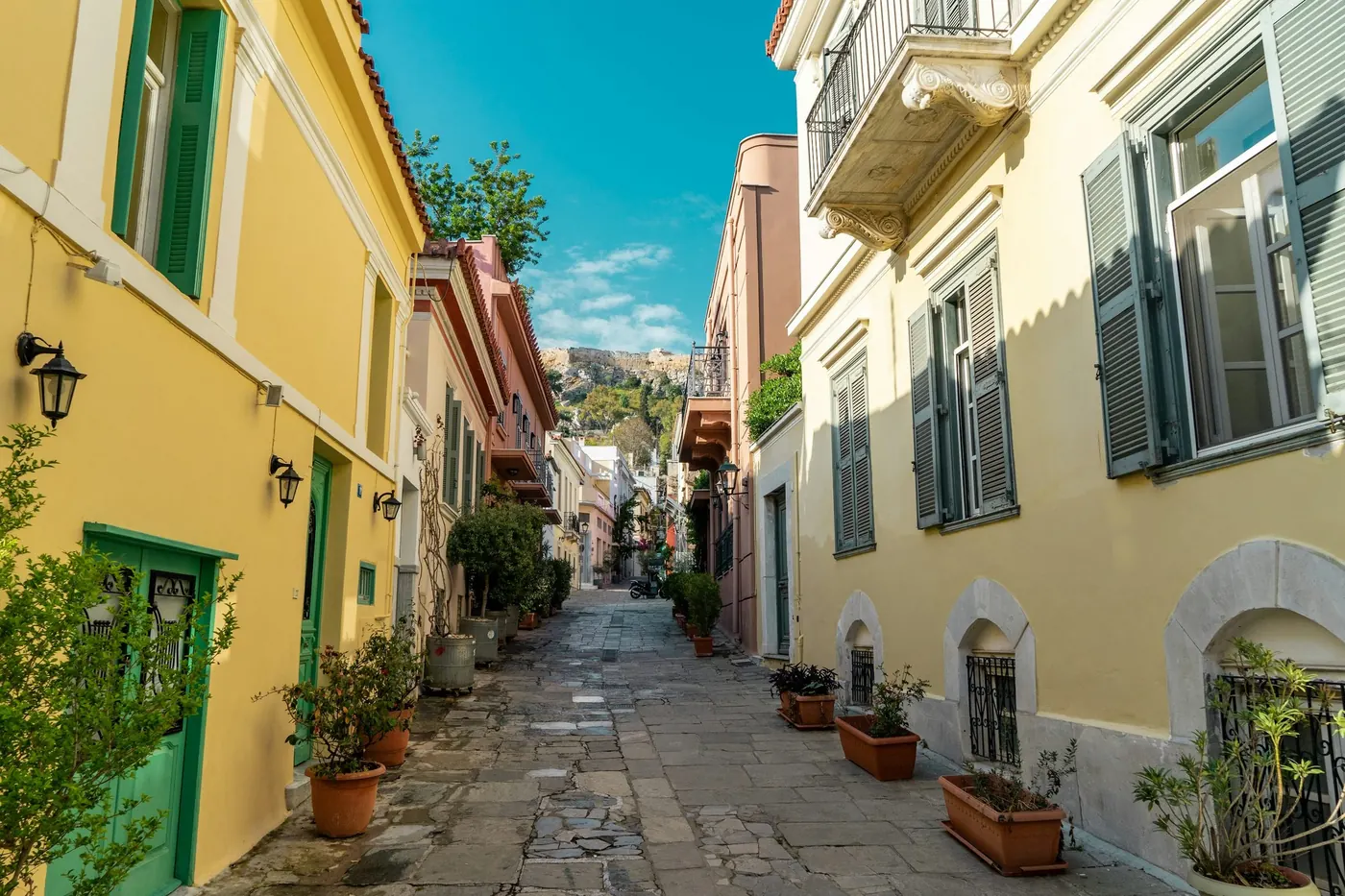 A sunlit street in Athens’ Plaka neighborhood